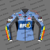 A blue and black racing jacket mockup with sponsor logos, featuring a light blue torso, black sleeves, and yellow accents on the lower arms, displayed on a gray background with 'Racers Arena' watermarks.