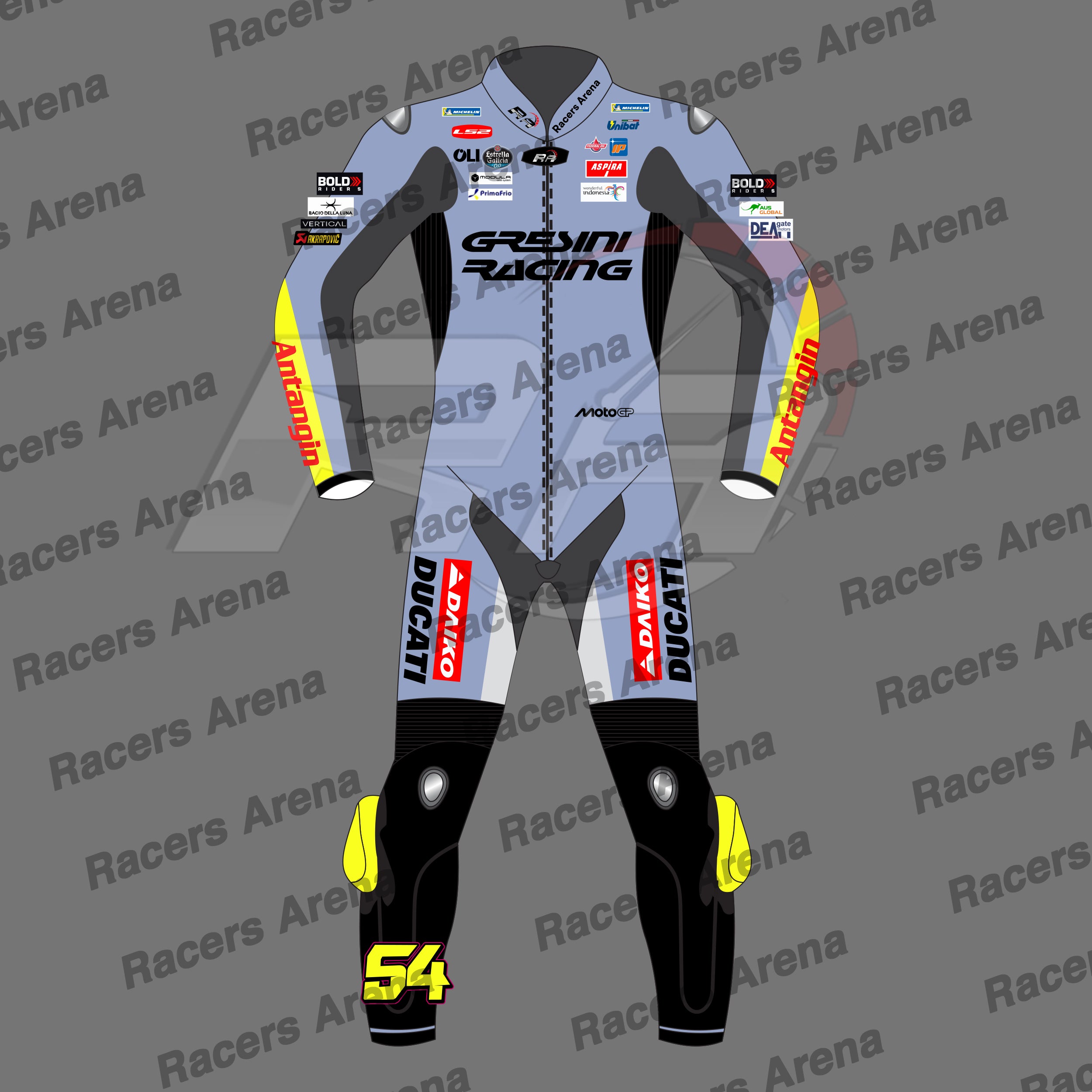 Fermin Aldeguer MotoGP 2025 Gresini Ducati Motorcycle Leather Racing Suit Front