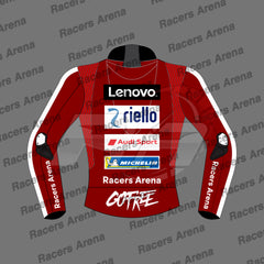 A red long-sleeve racing jersey mockup with white side panels and multiple sponsor logos on the front, including Lenovo, Riello, Audi Sport, and Michelin. The back shows 'Racers Arena' and 'GOFREE'.