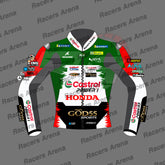 A front-facing motorcycle racing jacket with sponsor logos, shown on a gray background with repeated 'Racers Arena' watermark text. The jersey is primarily green, white, and black with red accents and features prominent sponsor logos including Castrol, Honda, God55, and others.