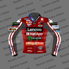 A red and white racing team jacket mockup with sponsor logos including Lenovo, Monster Energy, and Frecciarossa, displayed on a gray background with 'Racers Arena' watermarks.