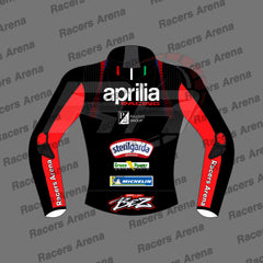 A black and red Racing Jacket mockup with sponsor logos including Aprilia Racing, Sterilgarda, and Michelin, displayed on a gray background with a repeated 'Racers Arena' watermark.