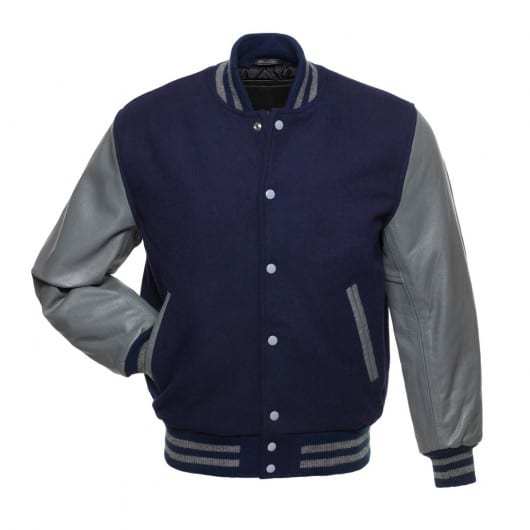 Veste Letterman bleu marine avec manches en cuir gris