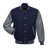 Veste Letterman bleu marine avec manches en cuir gris