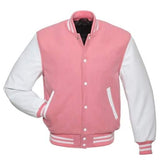 Veste Letterman rose avec manches en cuir blanc