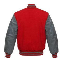 Veste Letterman rouge avec manches en cuir gris