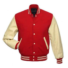Veste Letterman rouge avec manches en cuir naturel