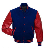Veste Letterman bleu roi avec manches en cuir rouge