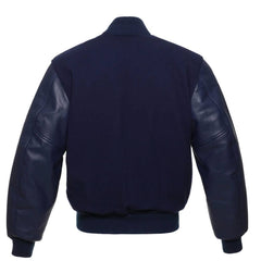 Veste Letterman bleu marine unie avec manches en cuir