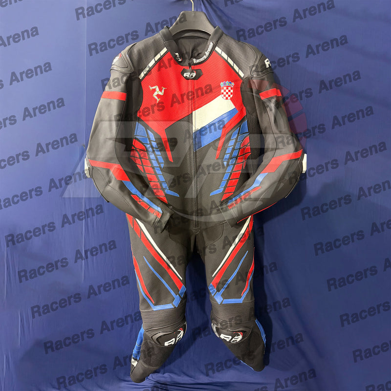 A full-body black leather racing suit with red, white, and blue graphics, featuring the Croatian flag and a red horse logo, hanging against a blue 'Racers Arena' branded backdrop.