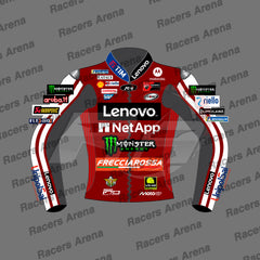 A red and black racing team jacket mockup with sponsor logos including Lenovo, Monster Energy, and Frecciarossa, displayed on a gray background with 'Racers Arena' watermarks.
