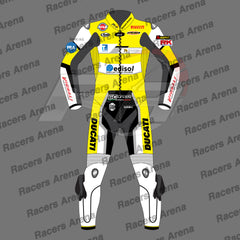 A full motorcycle racing suit shown front-facing on a gray background with repeated 'Racers Arena' watermark text. The suit is predominantly bright yellow with black and white sections, plus multiple sponsor logos including Ducati, Castore, Pirelli, and others.