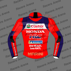 A red and navy blue racing jacket mockup with sponsor logos including Castrol, Honda, HRC, Michelin, and Marini, displayed on a gray background with 'Racers Arena' watermarks.