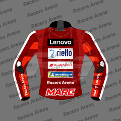 A red and black racing jacket mockup with sponsor logos including Lenovo, Riello, Audi Sport, Michelin, and Racers Arena, displayed on a gray background with diagonal watermarks.