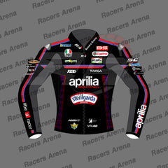A black racing jacket mockup with red and blue side stripes and multiple sponsor logos, shown on a gray background with repeated 'Racers Arena' watermarks. Visible branding includes Aprilia Racing, Sterilgarda, Castrol, and others.