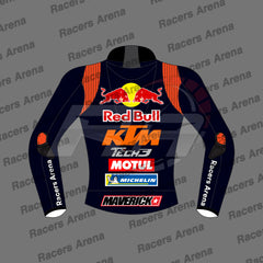 A long-sleeve racing jacket mockup shown from the back, featuring a dark navy base with orange shoulder panels, a large Red Bull logo and yellow circle at the upper back, and multiple sponsor logos including KTM, Tech3, Motul, Michelin, and Maverick. The background is a repeating gray 'Racers Arena' watermark.