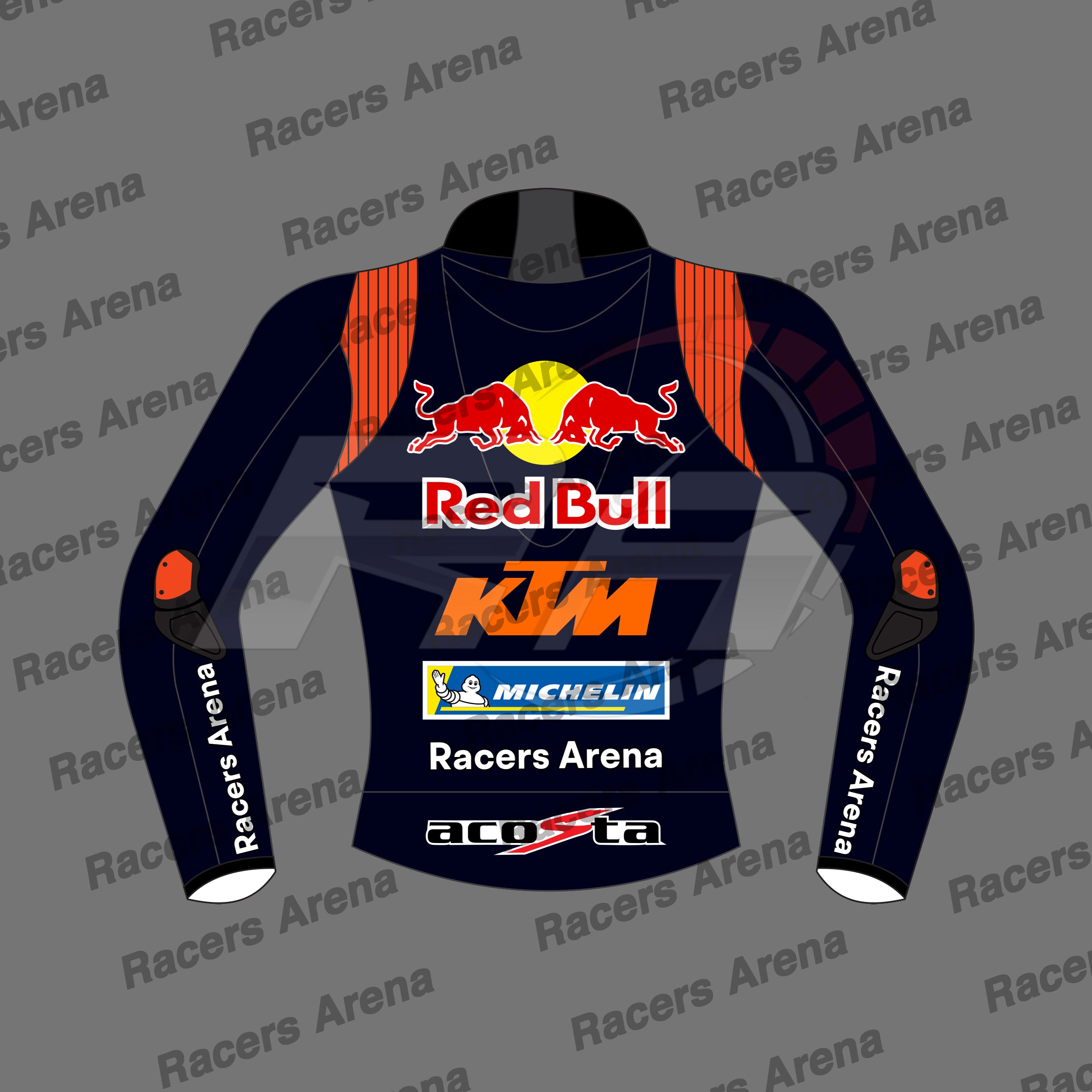 A long-sleeve racing Jacket mockup shown from the back, featuring Red Bull, KTM, Michelin, and Acera sponsor logos, with a dark navy base and orange-red side panels, on a gray watermarked background.