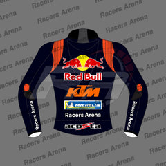 A long-sleeve racing Jacket mockup shown from the back, featuring Red Bull, KTM, Michelin, and Acera sponsor logos, with a dark navy base and orange-red side panels, on a gray watermarked background.