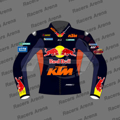 A long-sleeve racing jacket mockup on a gray background with repeated 'Racers Arena' watermarks. The jacket is predominantly navy blue with prominent orange and red graphics, including the Red Bull logo and KTM branding on the chest and sleeves.