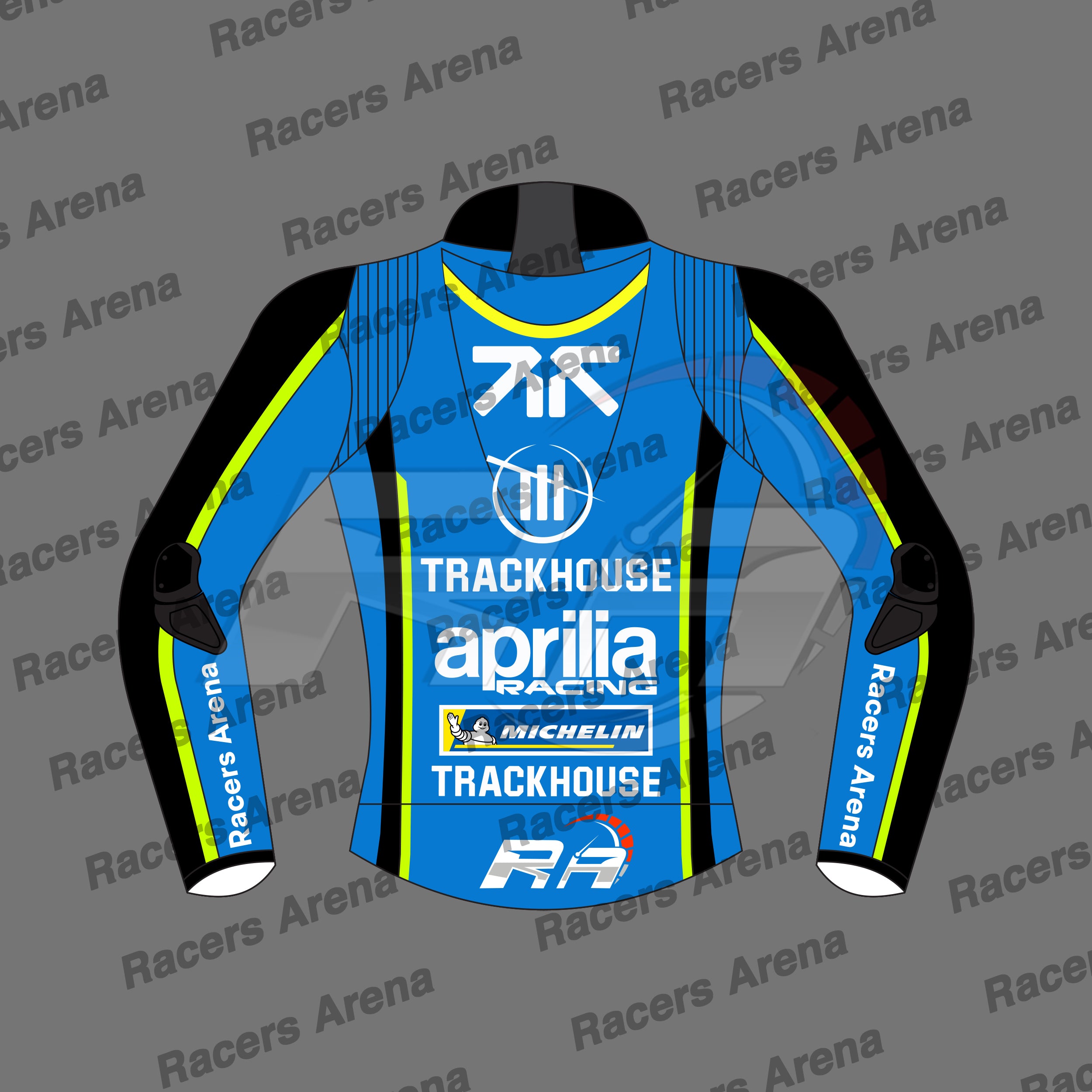 A long-sleeve racing jacket mockup shown front-facing on a gray background with repeated 'Racers Arena' watermark text. The jersey is predominantly bright blue with black sleeves and side panels, plus yellow and white sponsor graphics and logos including Trackhouse, Aprilia Racing, Michelin, and Racers Arena.