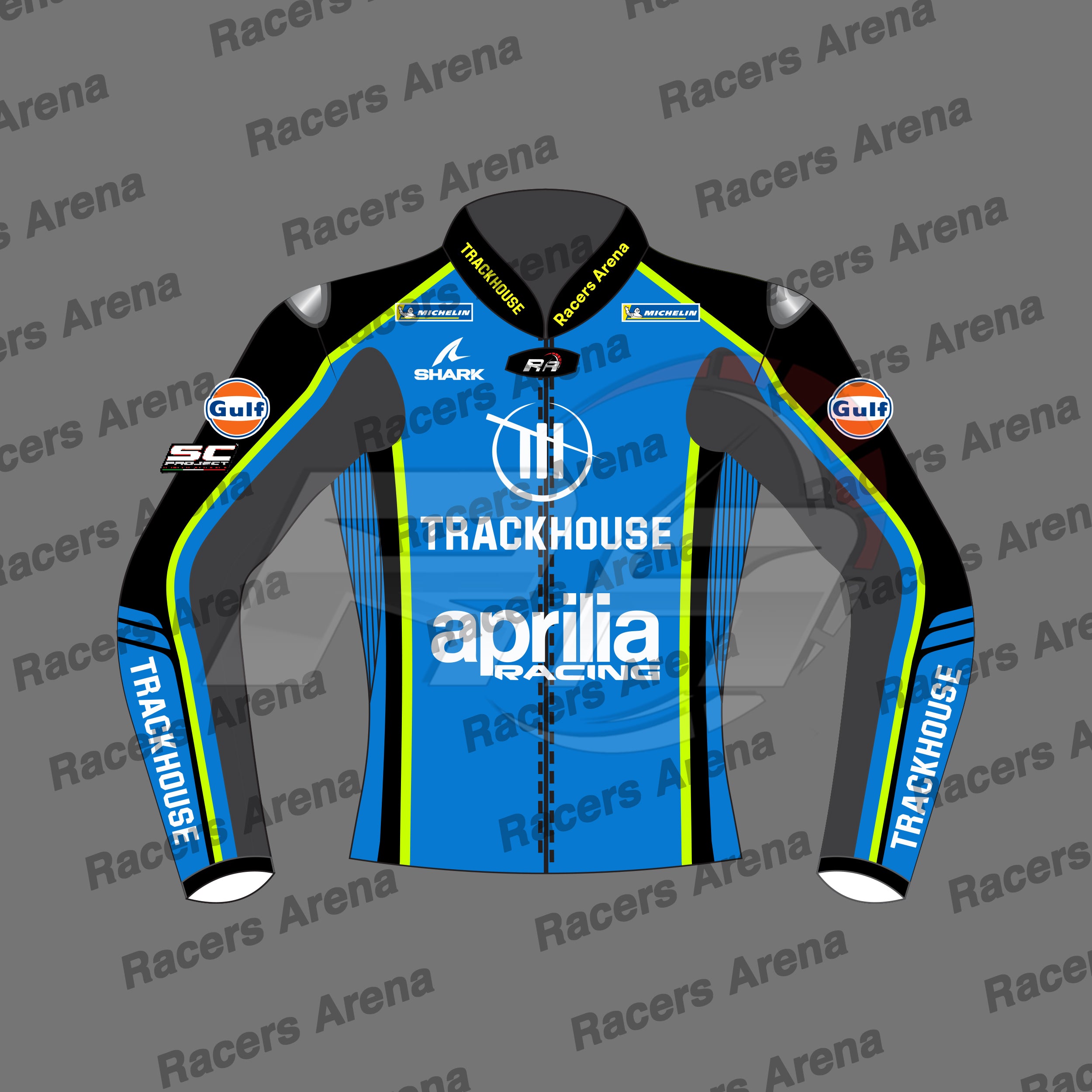 A custom racing jacket mockup for Aprilia Racing, featuring a blue, black, and gray color scheme with yellow and blue stripes, and sponsor logos including Gulf, Shark, and SC on a gray background with 'Racers Arena' watermarks.