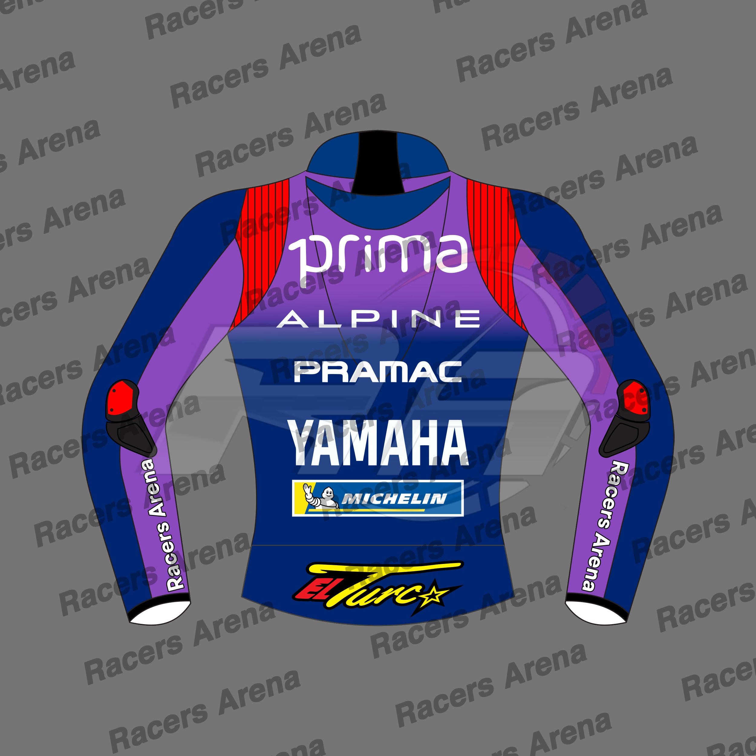 A digital mockup of a long-sleeve racing jacket shown from the back, featuring a blue and purple color scheme with red shoulder accents and multiple sponsor logos including Prima, Yamaha, Michelin, and Pramac. The background is a gray patterned with the text 'Racers Arena' repeated.