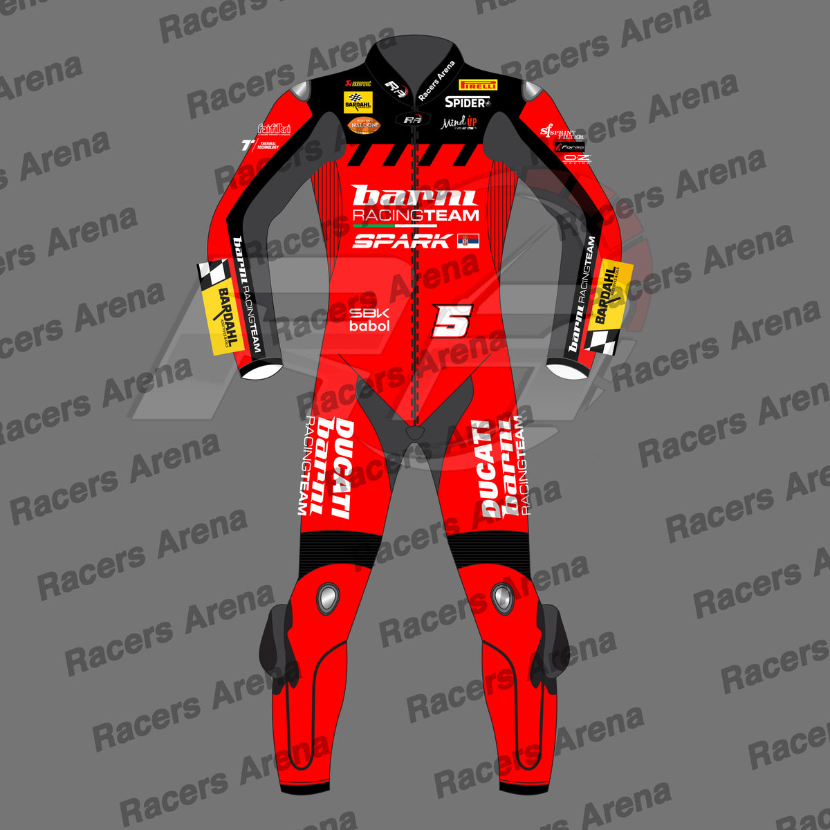 A red and black full-body racing suit with sponsor logos including Born Racing Team, Spark, Ducati, and Mobil 1, displayed on a gray background with a repeated 'Racers Arena' watermark.