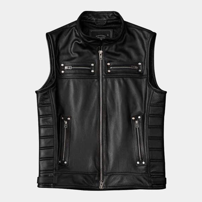 Black Leather Motorcycle Vest Front