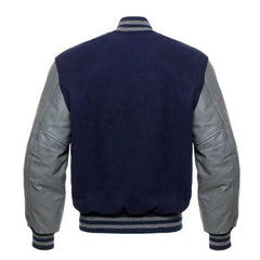 Veste Letterman bleu marine avec manches en cuir gris 