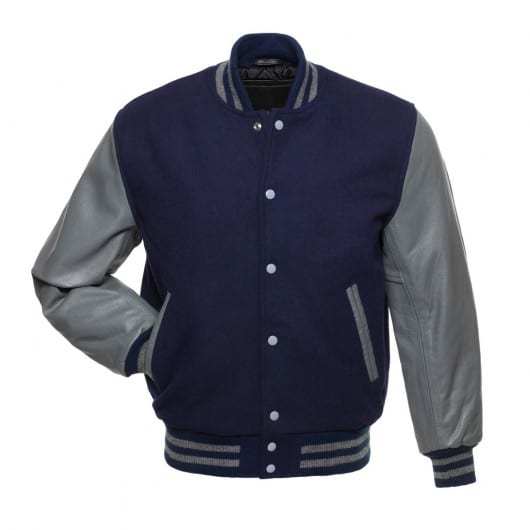 Veste Letterman bleu marine avec manches en cuir gris 