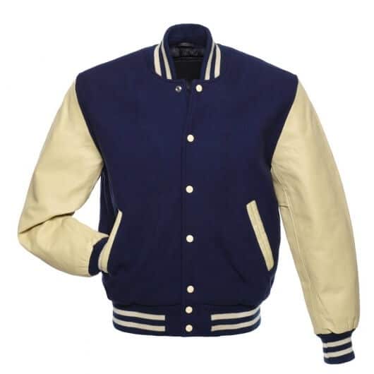 Veste Letterman bleu marine avec manches en cuir naturel 