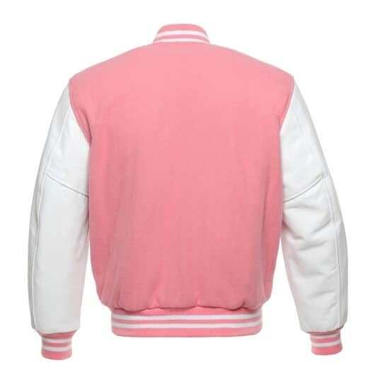 Veste Letterman rose avec manches en cuir blanc 