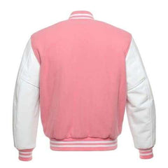 Veste Letterman rose avec manches en cuir blanc 