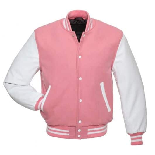 Veste Letterman rose avec manches en cuir blanc 