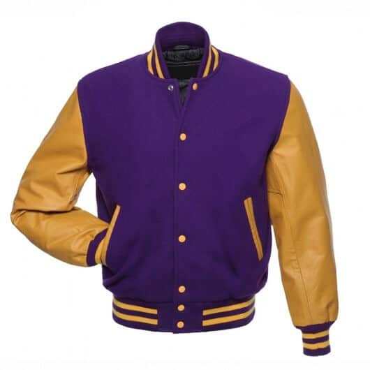 Veste Letterman violette avec manches en cuir doré