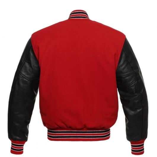 Veste Letterman rouge avec manches en cuir noir 