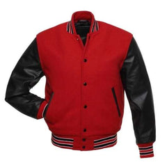 Veste Letterman rouge avec manches en cuir noir 