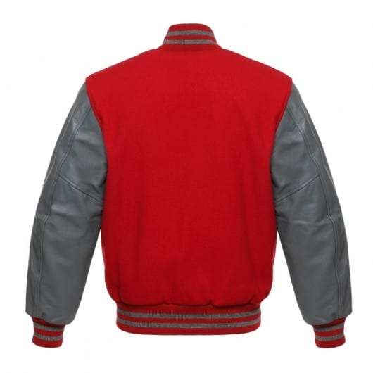 Veste Letterman rouge avec manches en cuir gris 