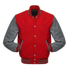 Veste Letterman rouge avec manches en cuir gris 