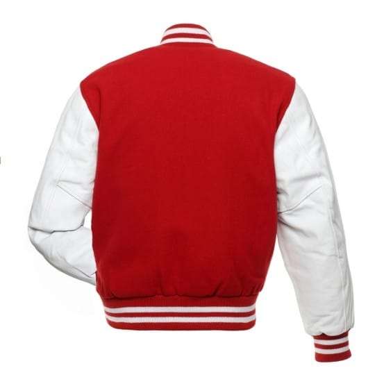 Veste Letterman rouge avec manches en cuir blanc 