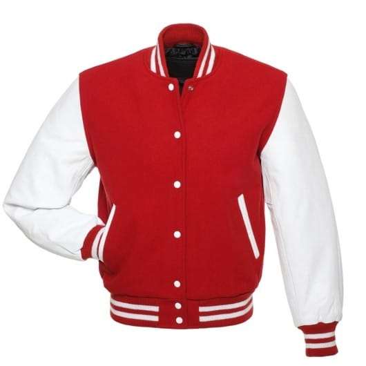 Veste Letterman rouge avec manches en cuir blanc 