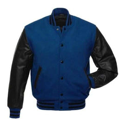 Veste Letterman bleu roi avec manches en cuir noir 