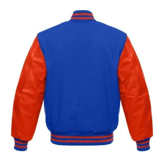 Veste Letterman bleue avec manches en cuir orange 