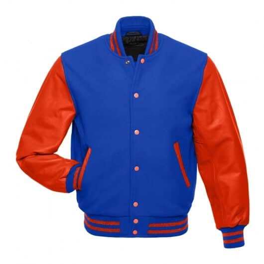 Veste Letterman bleue avec manches en cuir orange 