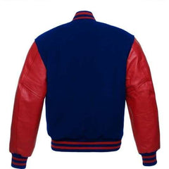 Veste Letterman bleu roi avec manches en cuir rouge 