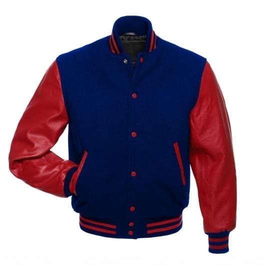 Veste Letterman bleu roi avec manches en cuir rouge 