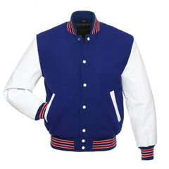 Veste Letterman à rayures bleu roi et rouge avec manches en cuir blanc 