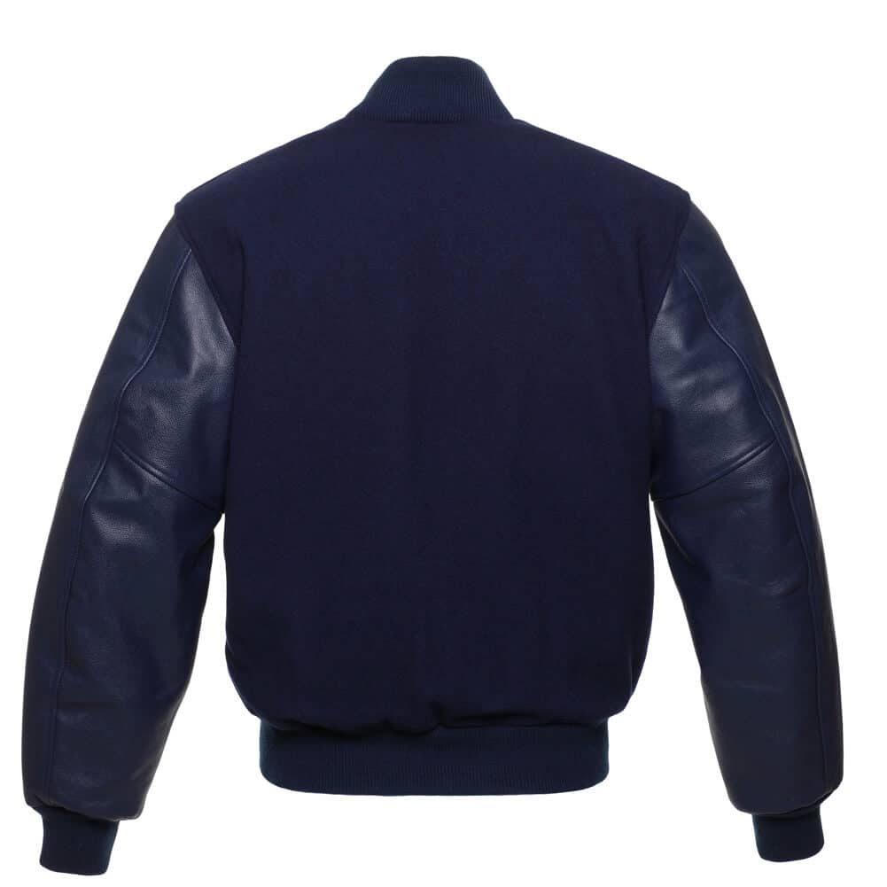 Veste Letterman bleu marine unie avec manches en cuir 