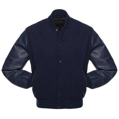 Veste Letterman bleu marine unie avec manches en cuir 