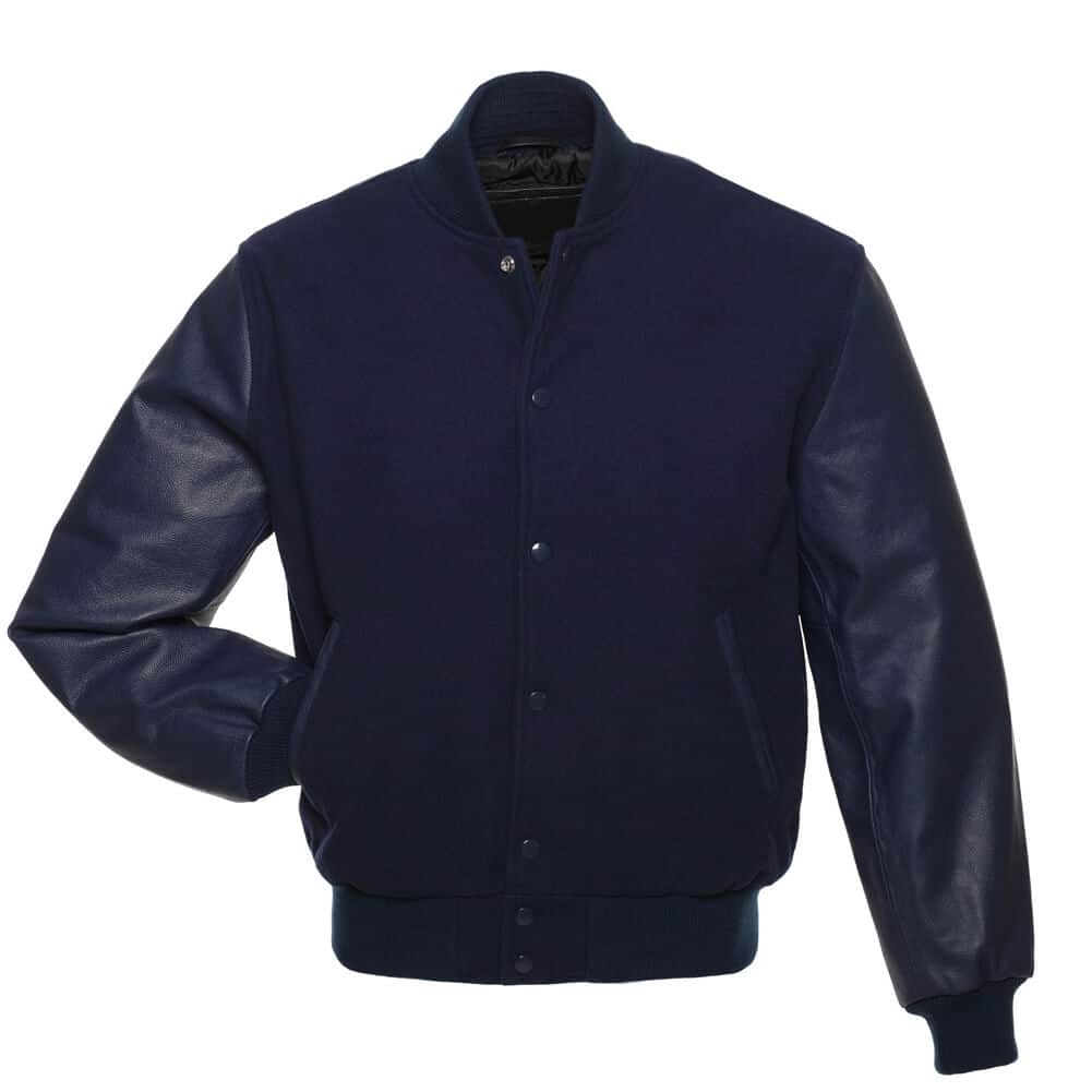 Veste Letterman bleu marine unie avec manches en cuir 